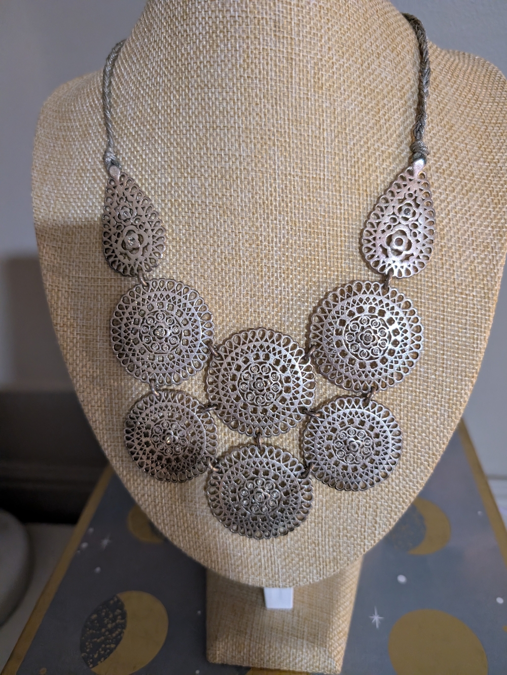 Stella & Dot Silver Filigree Circle Bib Necklace